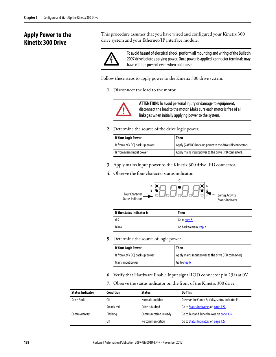 Apply power to the kinetix 300 drive | Rockwell Automation 2097-Vxxx Kinetix 300 EtherNet/IP Indexing Servo Drive User Manual User Manual | Page 138 / 230