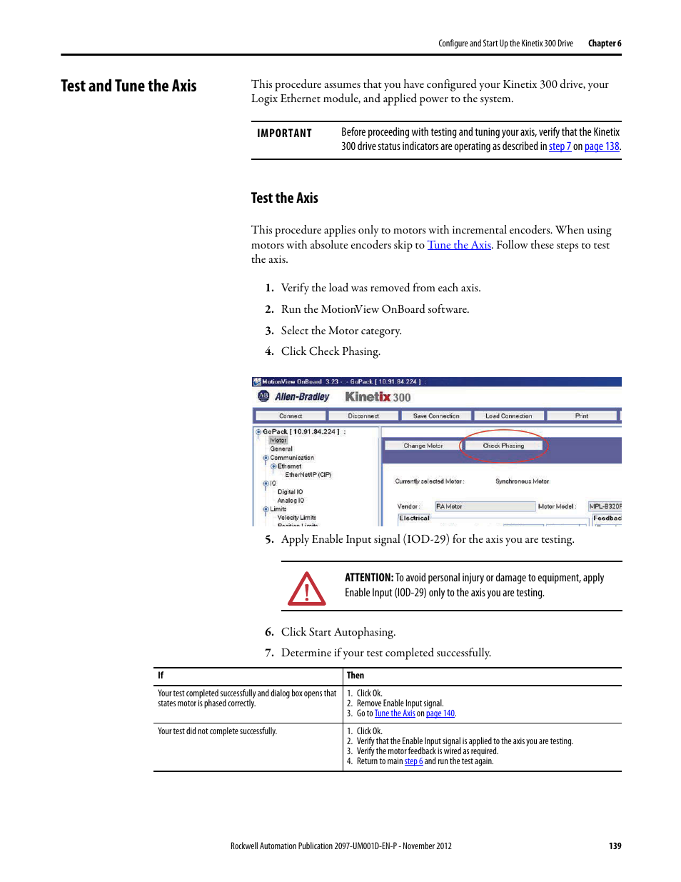 Test and tune the axis, Test the axis | Rockwell Automation 2097-Vxxx Kinetix 300 EtherNet/IP Indexing Servo Drive User Manual User Manual | Page 139 / 230