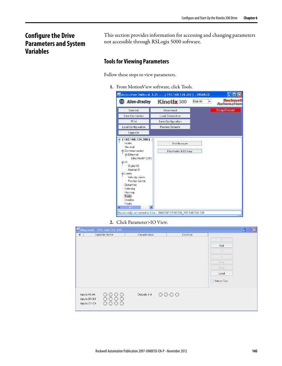 Tools for viewing parameters, Configure the drive, Parameters and system variables | Rockwell Automation 2097-Vxxx Kinetix 300 EtherNet/IP Indexing Servo Drive User Manual User Manual | Page 145 / 230