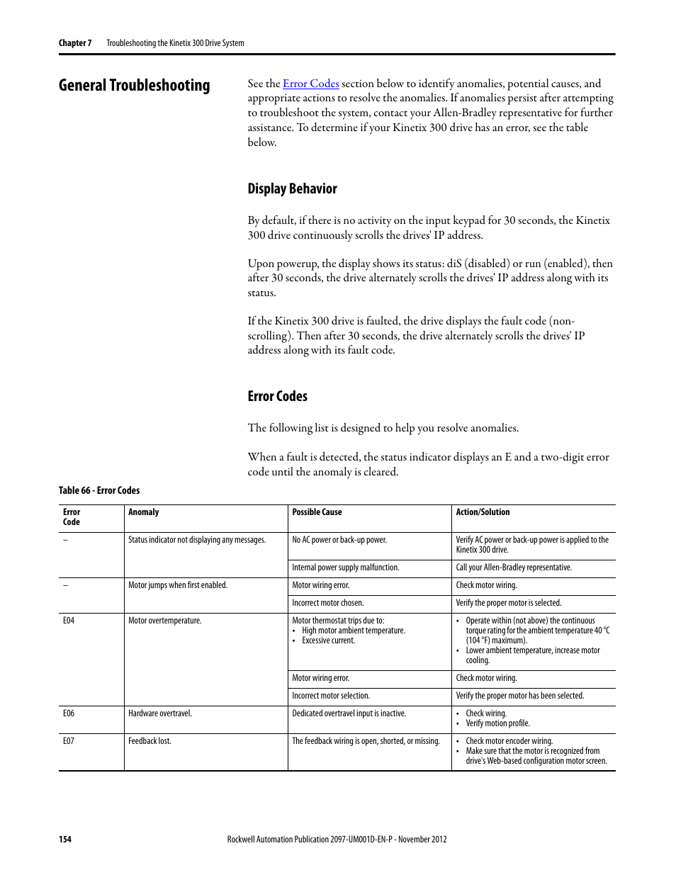 General troubleshooting, Display behavior, Error codes | Display behavior error codes | Rockwell Automation 2097-Vxxx Kinetix 300 EtherNet/IP Indexing Servo Drive User Manual User Manual | Page 154 / 230