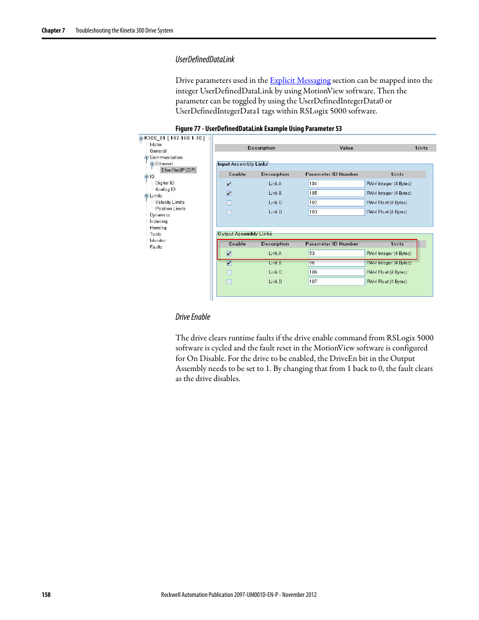 Userdefineddatalink, Drive enable | Rockwell Automation 2097-Vxxx Kinetix 300 EtherNet/IP Indexing Servo Drive User Manual User Manual | Page 158 / 230