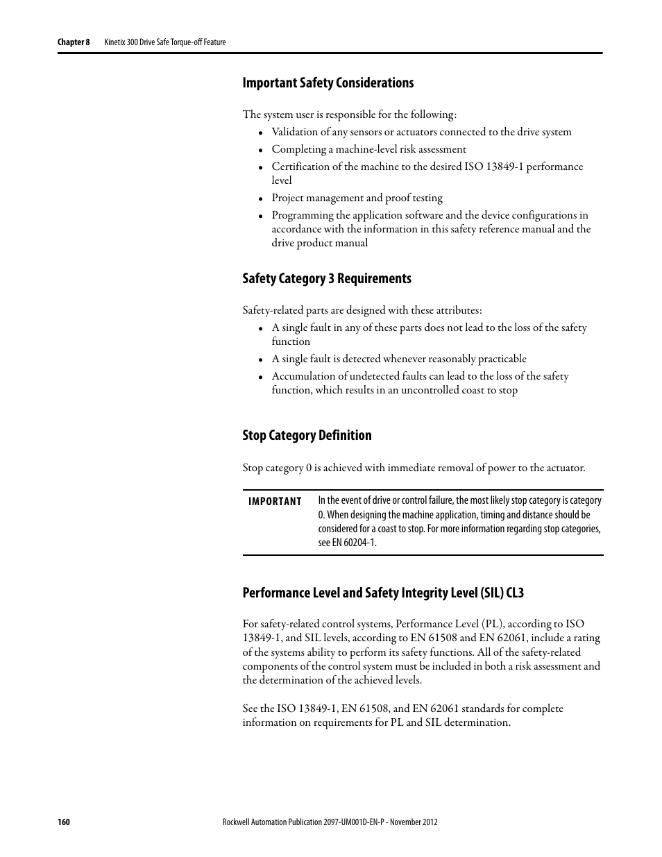 Important safety considerations, Safety category 3 requirements, Stop category definition | Rockwell Automation 2097-Vxxx Kinetix 300 EtherNet/IP Indexing Servo Drive User Manual User Manual | Page 160 / 230