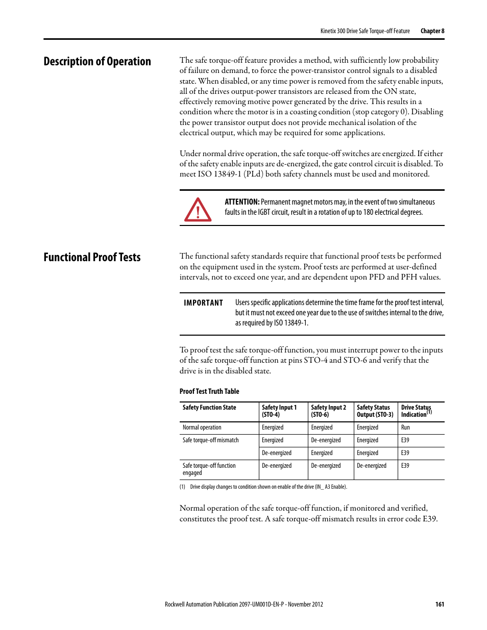 Description of operation, Functional proof tests, Description of operation functional proof tests | Rockwell Automation 2097-Vxxx Kinetix 300 EtherNet/IP Indexing Servo Drive User Manual User Manual | Page 161 / 230