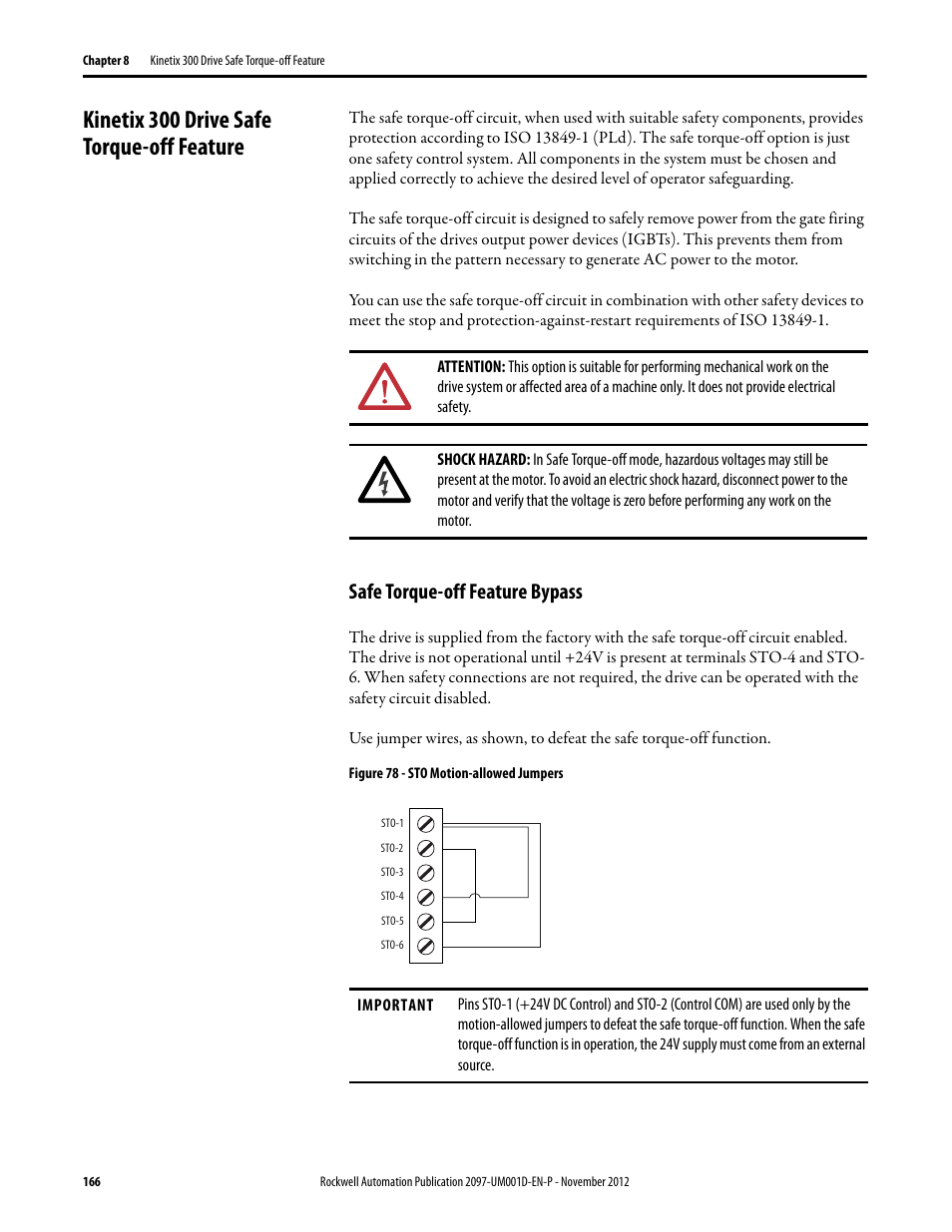 Kinetix 300 drive safe torque-off feature, Safe torque-off feature bypass, Safe | Torque-off feature bypass | Rockwell Automation 2097-Vxxx Kinetix 300 EtherNet/IP Indexing Servo Drive User Manual User Manual | Page 166 / 230