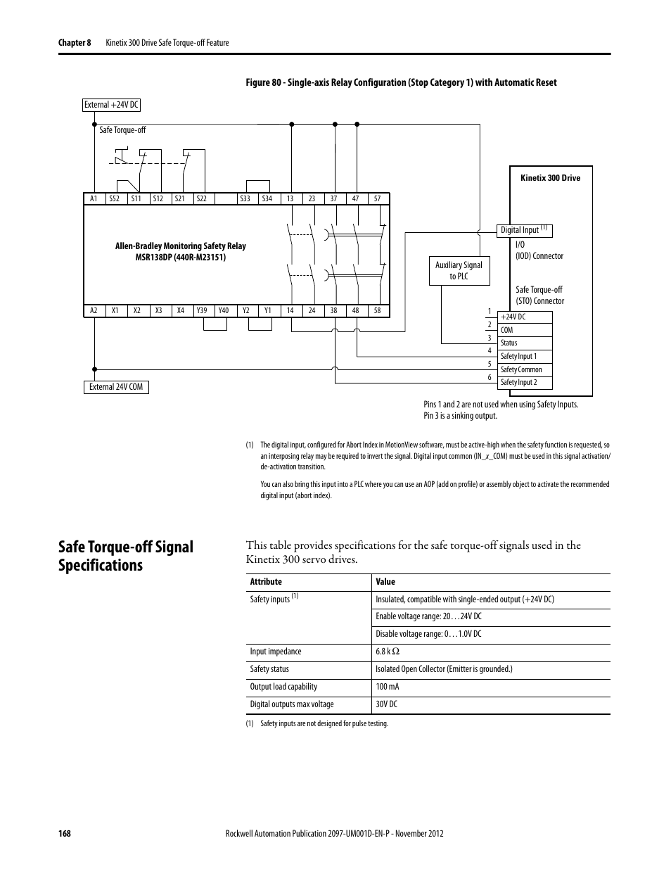 Safe torque-off signal specifications | Rockwell Automation 2097-Vxxx Kinetix 300 EtherNet/IP Indexing Servo Drive User Manual User Manual | Page 168 / 230