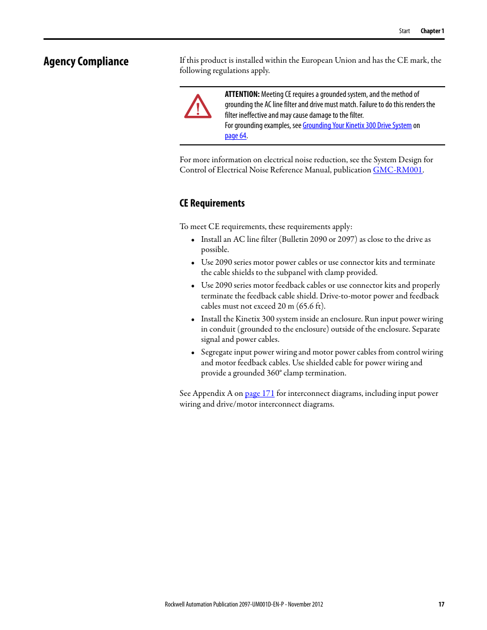 Agency compliance, Ce requirements | Rockwell Automation 2097-Vxxx Kinetix 300 EtherNet/IP Indexing Servo Drive User Manual User Manual | Page 17 / 230