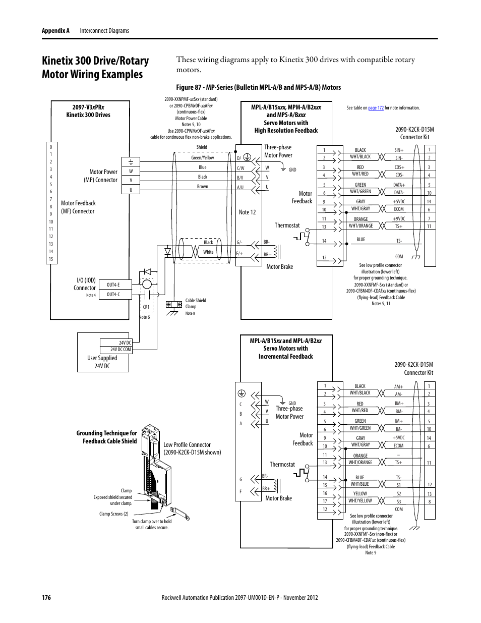 Kinetix 300 drive/rotary motor wiring examples | Rockwell Automation 2097-Vxxx Kinetix 300 EtherNet/IP Indexing Servo Drive User Manual User Manual | Page 176 / 230
