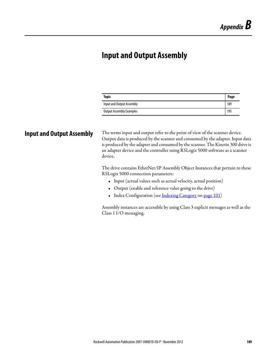 Appendix b, Input and output assembly, Appendix | Rockwell Automation 2097-Vxxx Kinetix 300 EtherNet/IP Indexing Servo Drive User Manual User Manual | Page 189 / 230