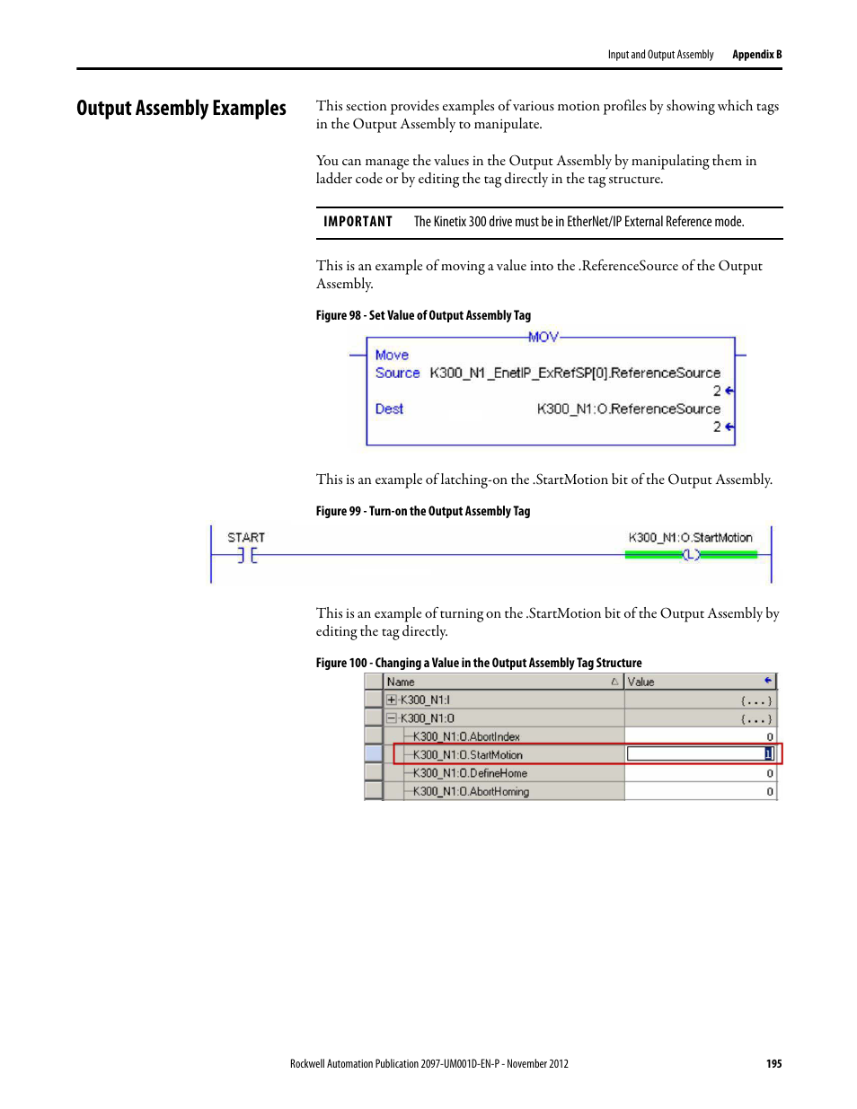 Output assembly examples | Rockwell Automation 2097-Vxxx Kinetix 300 EtherNet/IP Indexing Servo Drive User Manual User Manual | Page 195 / 230