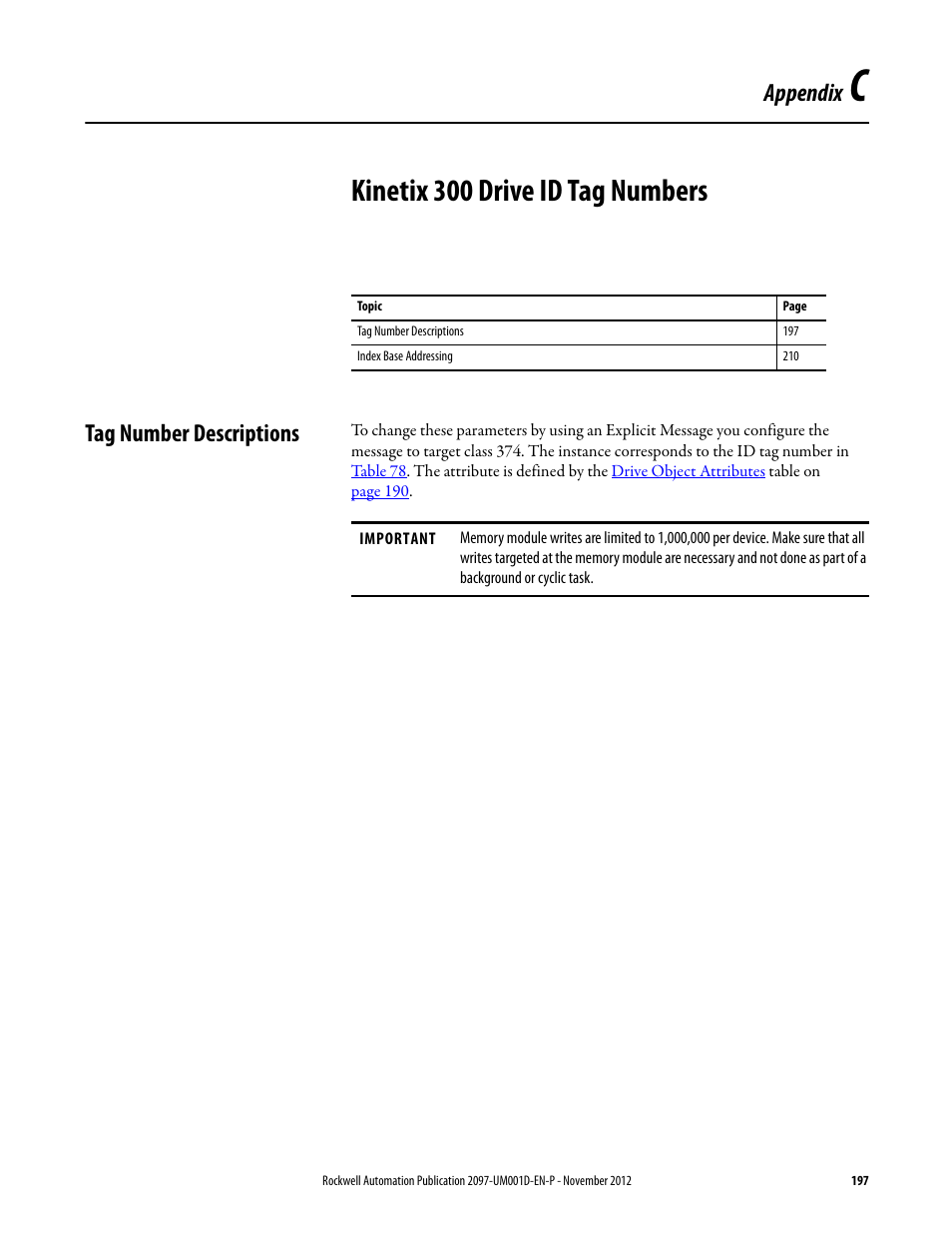 Appendix c, Kinetix 300 drive id tag numbers, Tag number descriptions | Appendix | Rockwell Automation 2097-Vxxx Kinetix 300 EtherNet/IP Indexing Servo Drive User Manual User Manual | Page 197 / 230