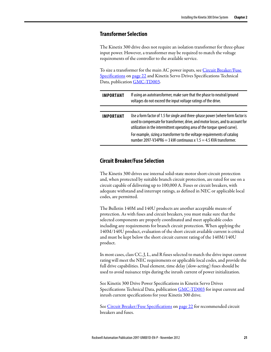 Transformer selection, Circuit breaker/fuse selection | Rockwell Automation 2097-Vxxx Kinetix 300 EtherNet/IP Indexing Servo Drive User Manual User Manual | Page 21 / 230