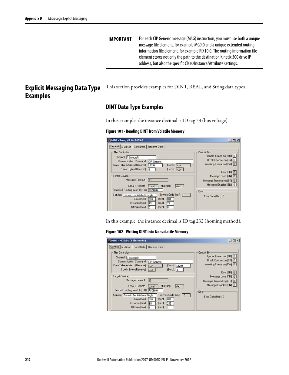 Explicit messaging data type examples, Dint data type examples | Rockwell Automation 2097-Vxxx Kinetix 300 EtherNet/IP Indexing Servo Drive User Manual User Manual | Page 212 / 230