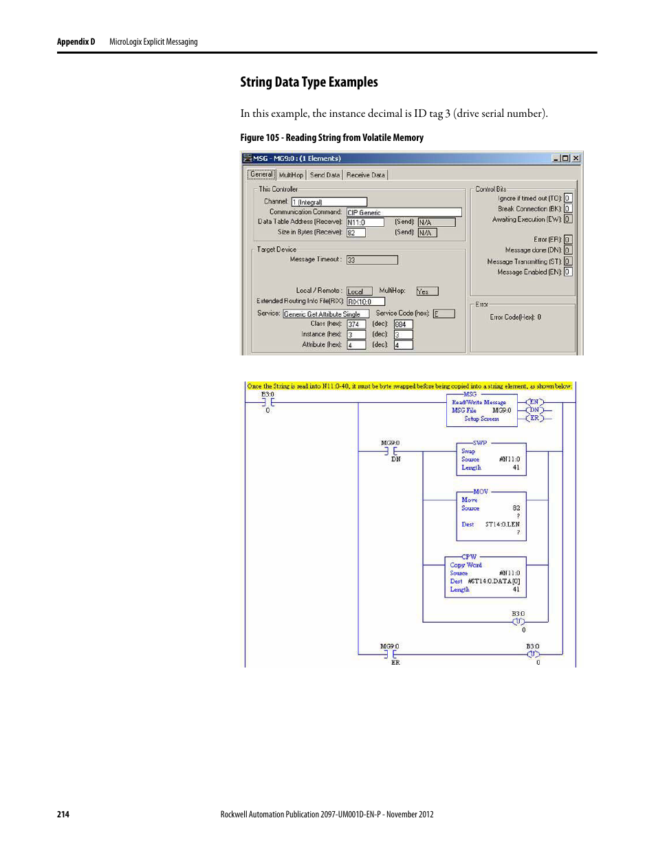 String data type examples | Rockwell Automation 2097-Vxxx Kinetix 300 EtherNet/IP Indexing Servo Drive User Manual User Manual | Page 214 / 230