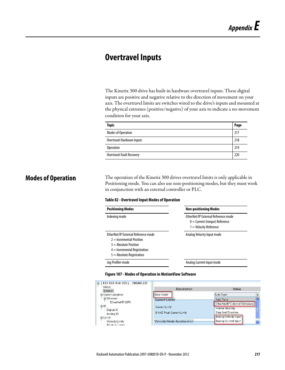 Appendix e, Overtravel inputs, Modes of operation | E appendix e, Appendix | Rockwell Automation 2097-Vxxx Kinetix 300 EtherNet/IP Indexing Servo Drive User Manual User Manual | Page 217 / 230