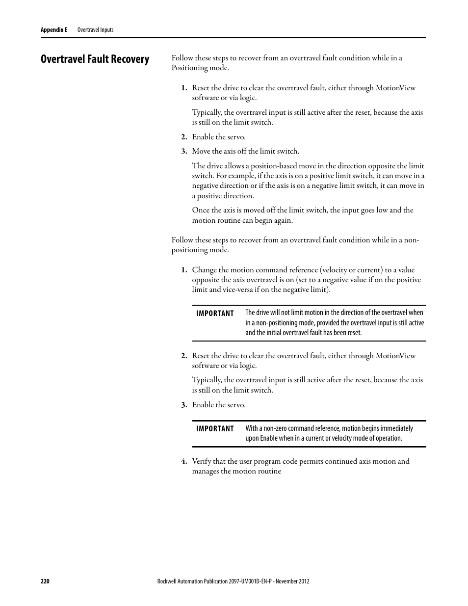 Overtravel fault recovery | Rockwell Automation 2097-Vxxx Kinetix 300 EtherNet/IP Indexing Servo Drive User Manual User Manual | Page 220 / 230