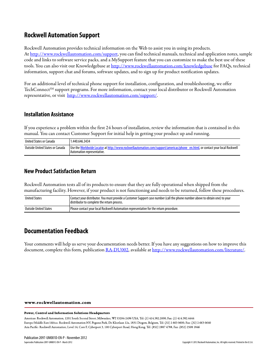 Back cover, Rockwell automation support, Documentation feedback | Installation assistance, New product satisfaction return | Rockwell Automation 2097-Vxxx Kinetix 300 EtherNet/IP Indexing Servo Drive User Manual User Manual | Page 228 / 230