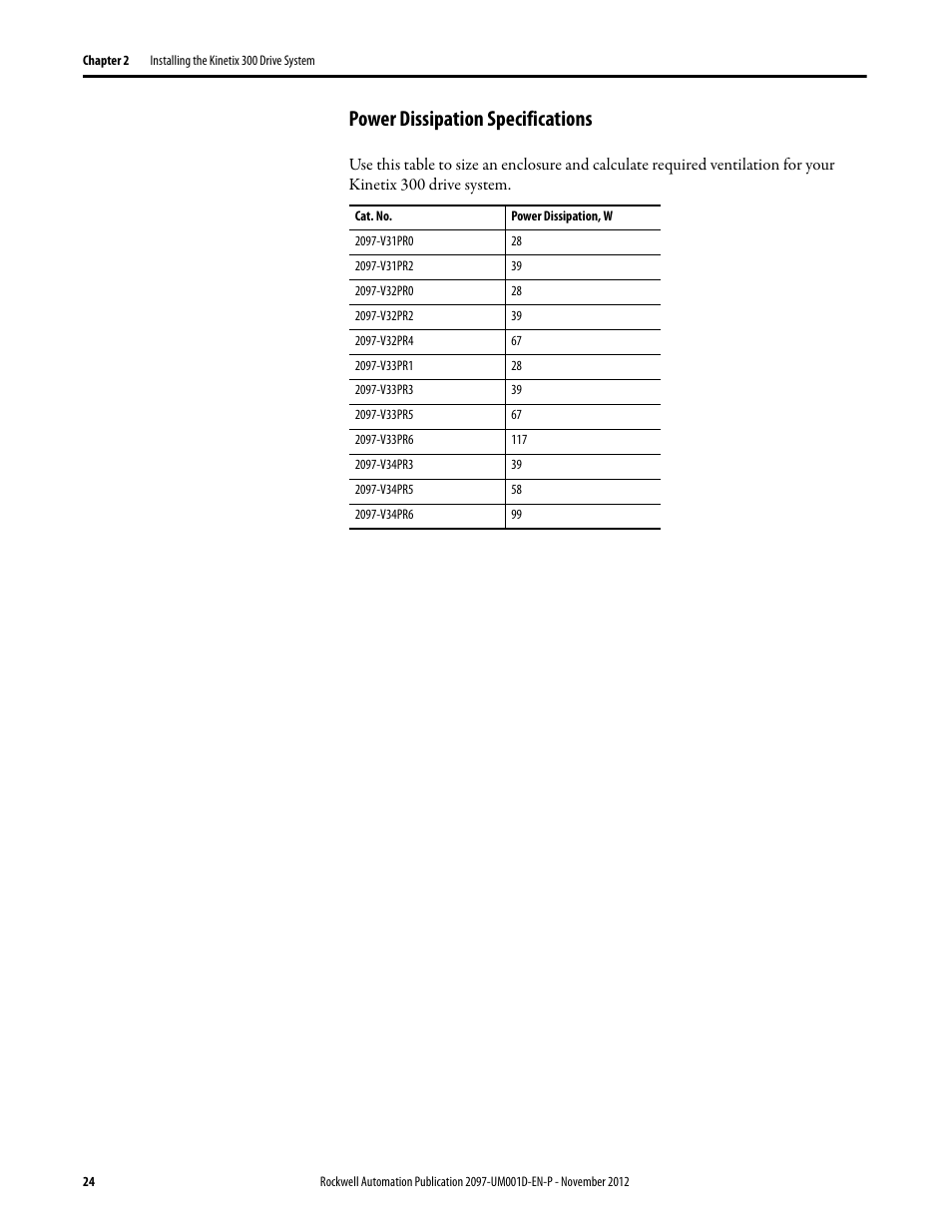 Power dissipation specifications, Power dissipation, For t | Rockwell Automation 2097-Vxxx Kinetix 300 EtherNet/IP Indexing Servo Drive User Manual User Manual | Page 24 / 230