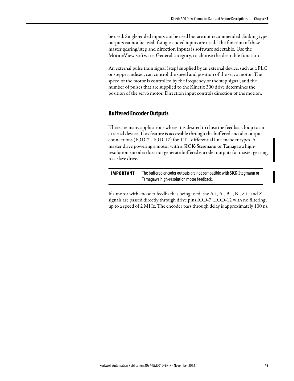 Buffered encoder outputs, Chapter 3 | Rockwell Automation 2097-Vxxx Kinetix 300 EtherNet/IP Indexing Servo Drive User Manual User Manual | Page 49 / 230