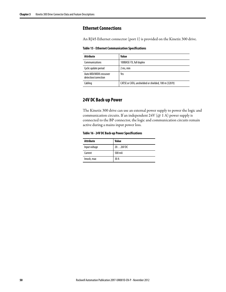 Ethernet connections, 24v dc back-up power, Ethernet connections 24v dc back-up power | Rockwell Automation 2097-Vxxx Kinetix 300 EtherNet/IP Indexing Servo Drive User Manual User Manual | Page 50 / 230