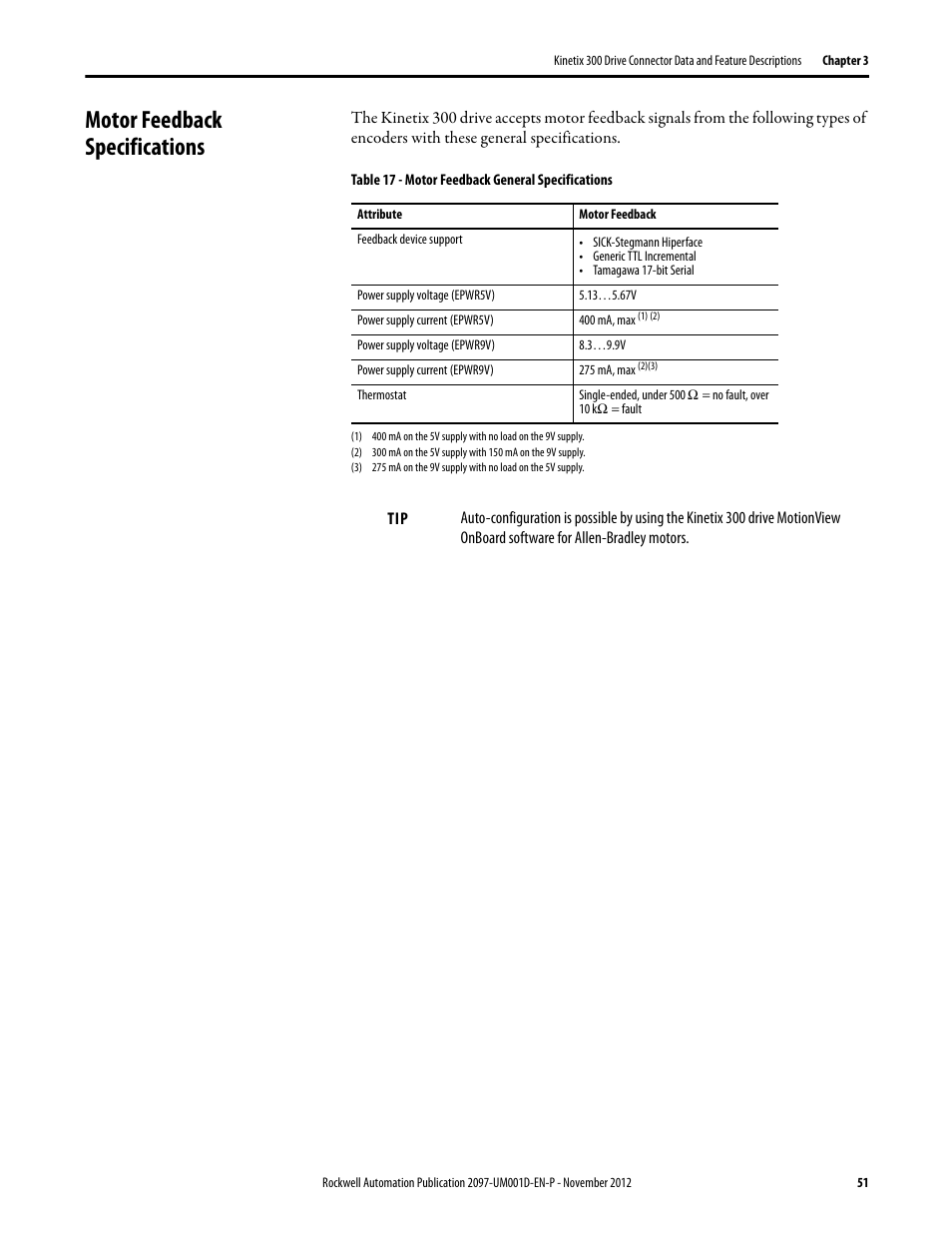 Motor feedback specifications | Rockwell Automation 2097-Vxxx Kinetix 300 EtherNet/IP Indexing Servo Drive User Manual User Manual | Page 51 / 230