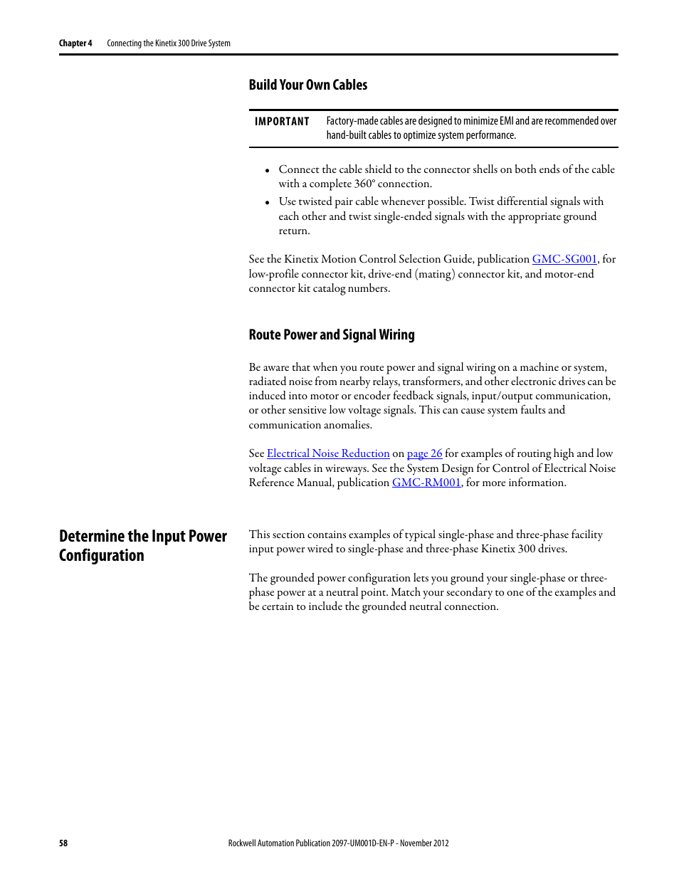 Build your own cables, Route power and signal wiring, Determine the input power configuration | Rockwell Automation 2097-Vxxx Kinetix 300 EtherNet/IP Indexing Servo Drive User Manual User Manual | Page 58 / 230