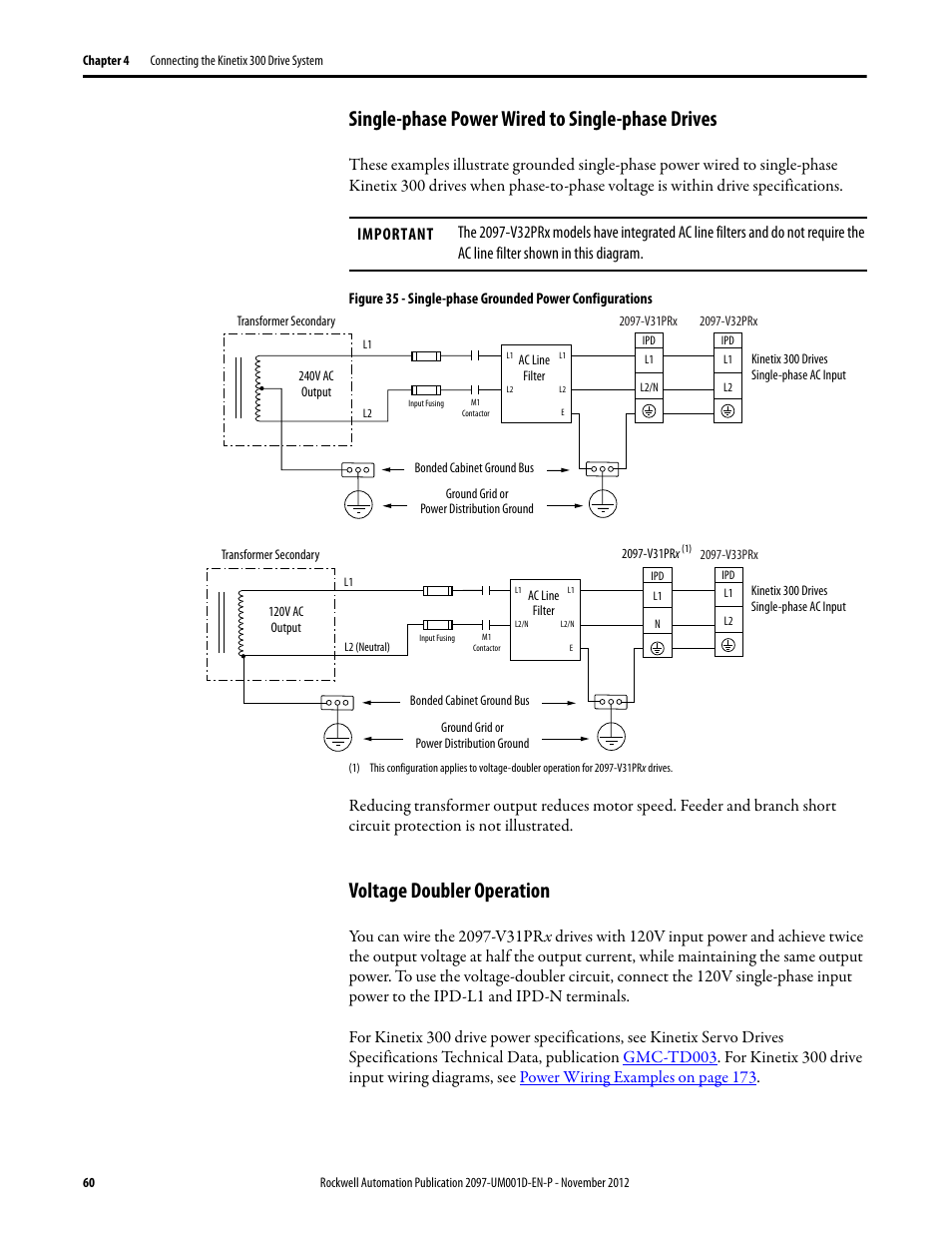 Single-phase power wired to single-phase drives, Voltage doubler operation | Rockwell Automation 2097-Vxxx Kinetix 300 EtherNet/IP Indexing Servo Drive User Manual User Manual | Page 60 / 230