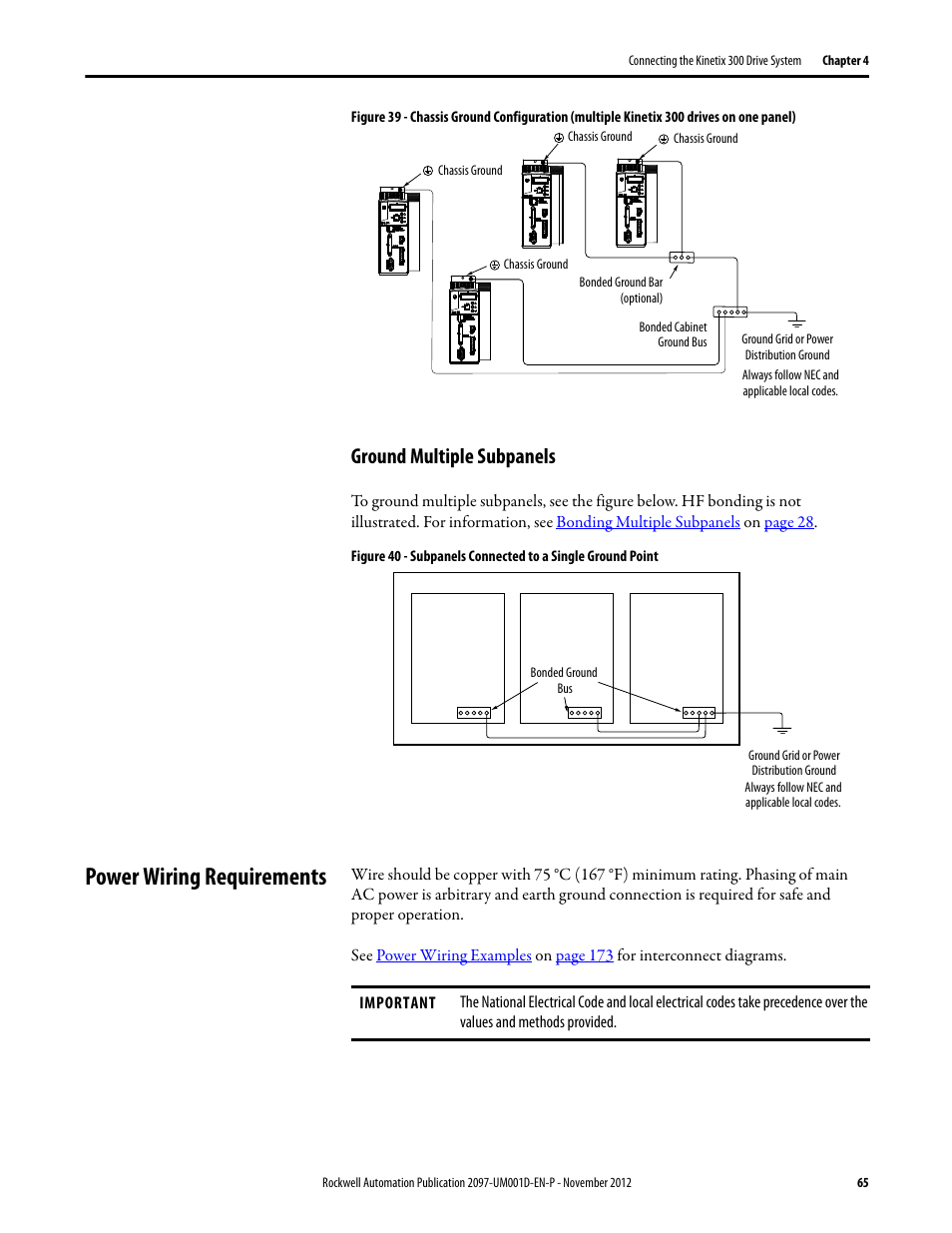 Ground multiple subpanels, Power wiring requirements | Rockwell Automation 2097-Vxxx Kinetix 300 EtherNet/IP Indexing Servo Drive User Manual User Manual | Page 65 / 230