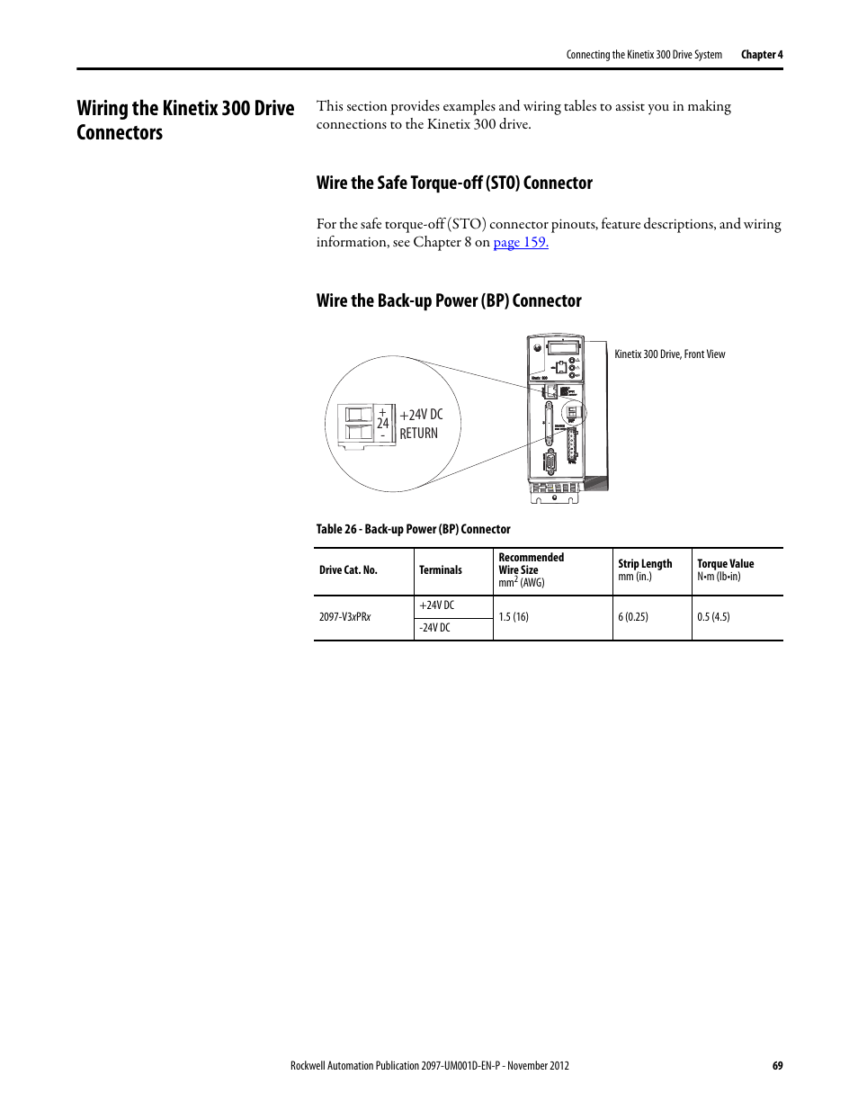 Wiring the kinetix 300 drive connectors, Wire the safe torque-off (sto) connector, Wire the back-up power (bp) connector | Rockwell Automation 2097-Vxxx Kinetix 300 EtherNet/IP Indexing Servo Drive User Manual User Manual | Page 69 / 230