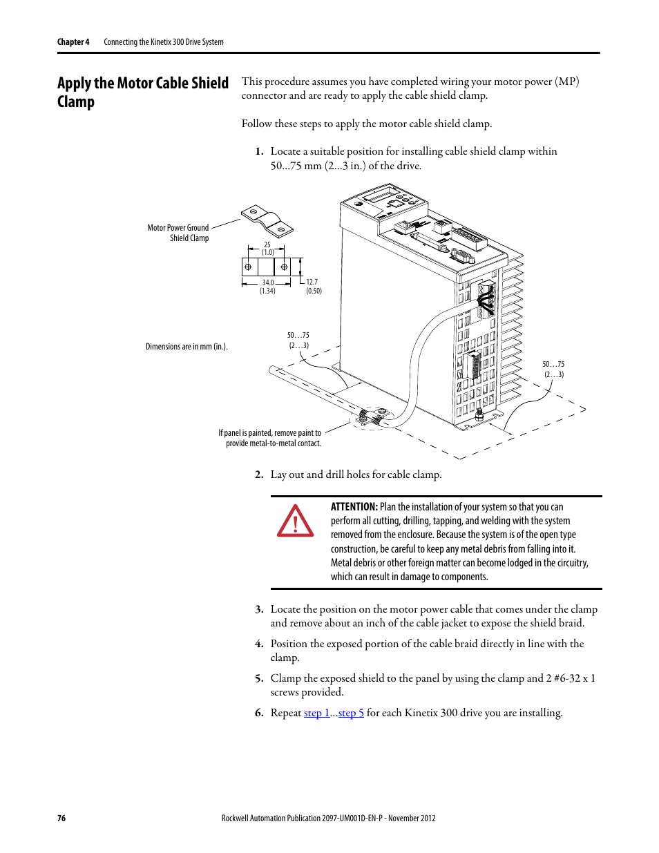 Apply the motor cable shield clamp | Rockwell Automation 2097-Vxxx Kinetix 300 EtherNet/IP Indexing Servo Drive User Manual User Manual | Page 76 / 230