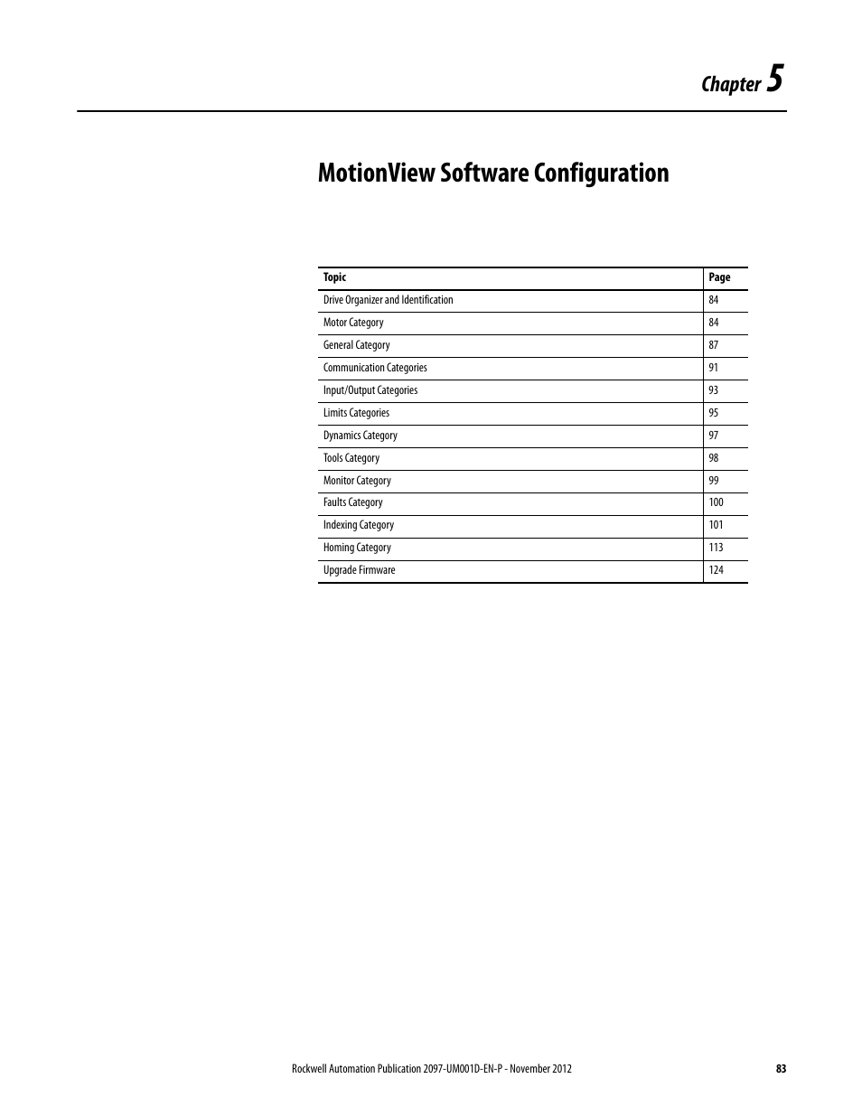 Chapter 5, Motionview software configuration, Chapter | Rockwell Automation 2097-Vxxx Kinetix 300 EtherNet/IP Indexing Servo Drive User Manual User Manual | Page 83 / 230