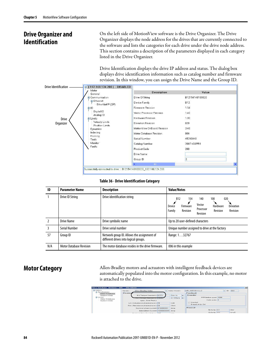 Drive organizer and identification, Motor category, Drive organizer and identification motor category | Rockwell Automation 2097-Vxxx Kinetix 300 EtherNet/IP Indexing Servo Drive User Manual User Manual | Page 84 / 230