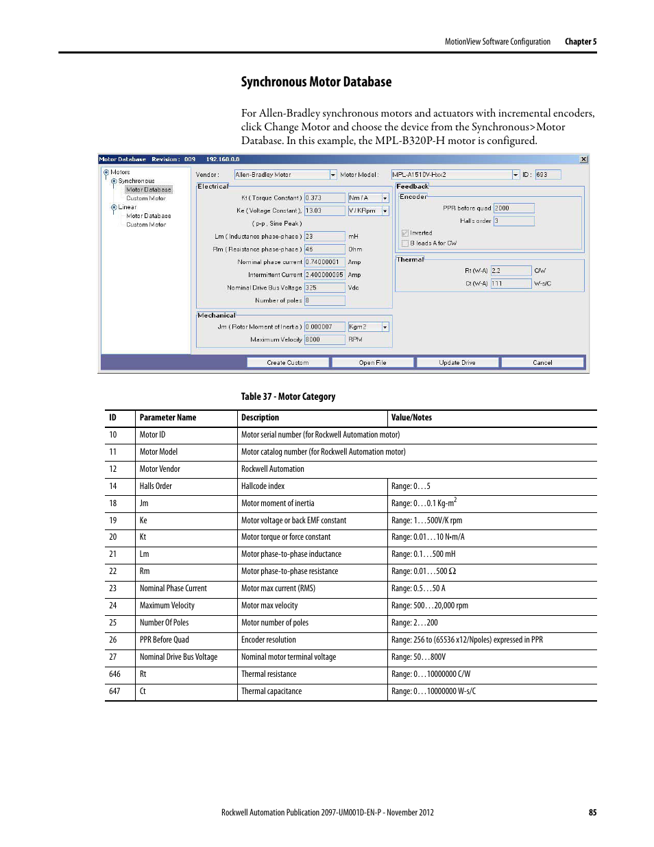 Synchronous motor database | Rockwell Automation 2097-Vxxx Kinetix 300 EtherNet/IP Indexing Servo Drive User Manual User Manual | Page 85 / 230