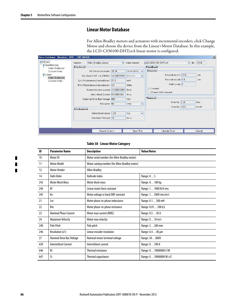 Linear motor database | Rockwell Automation 2097-Vxxx Kinetix 300 EtherNet/IP Indexing Servo Drive User Manual User Manual | Page 86 / 230