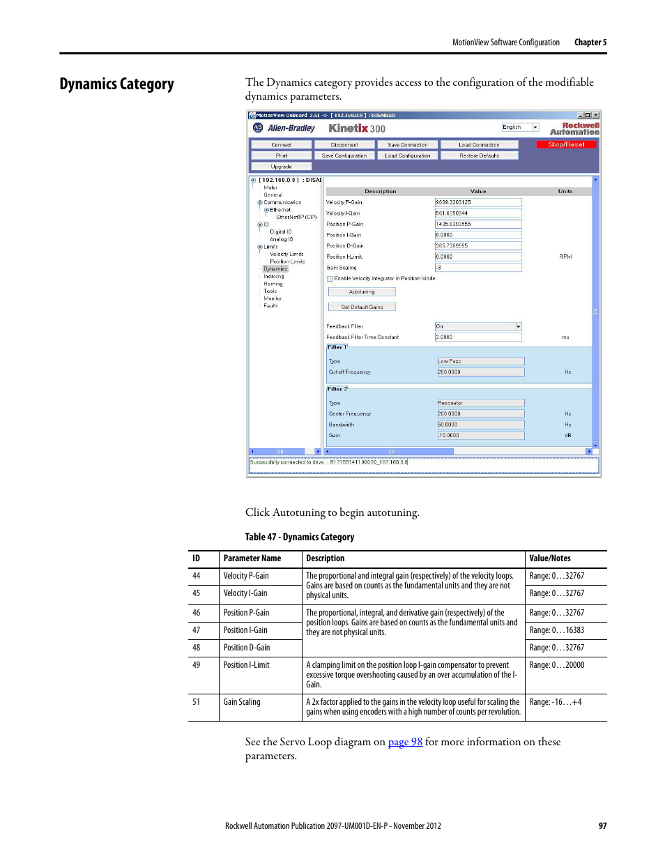 Dynamics category | Rockwell Automation 2097-Vxxx Kinetix 300 EtherNet/IP Indexing Servo Drive User Manual User Manual | Page 97 / 230