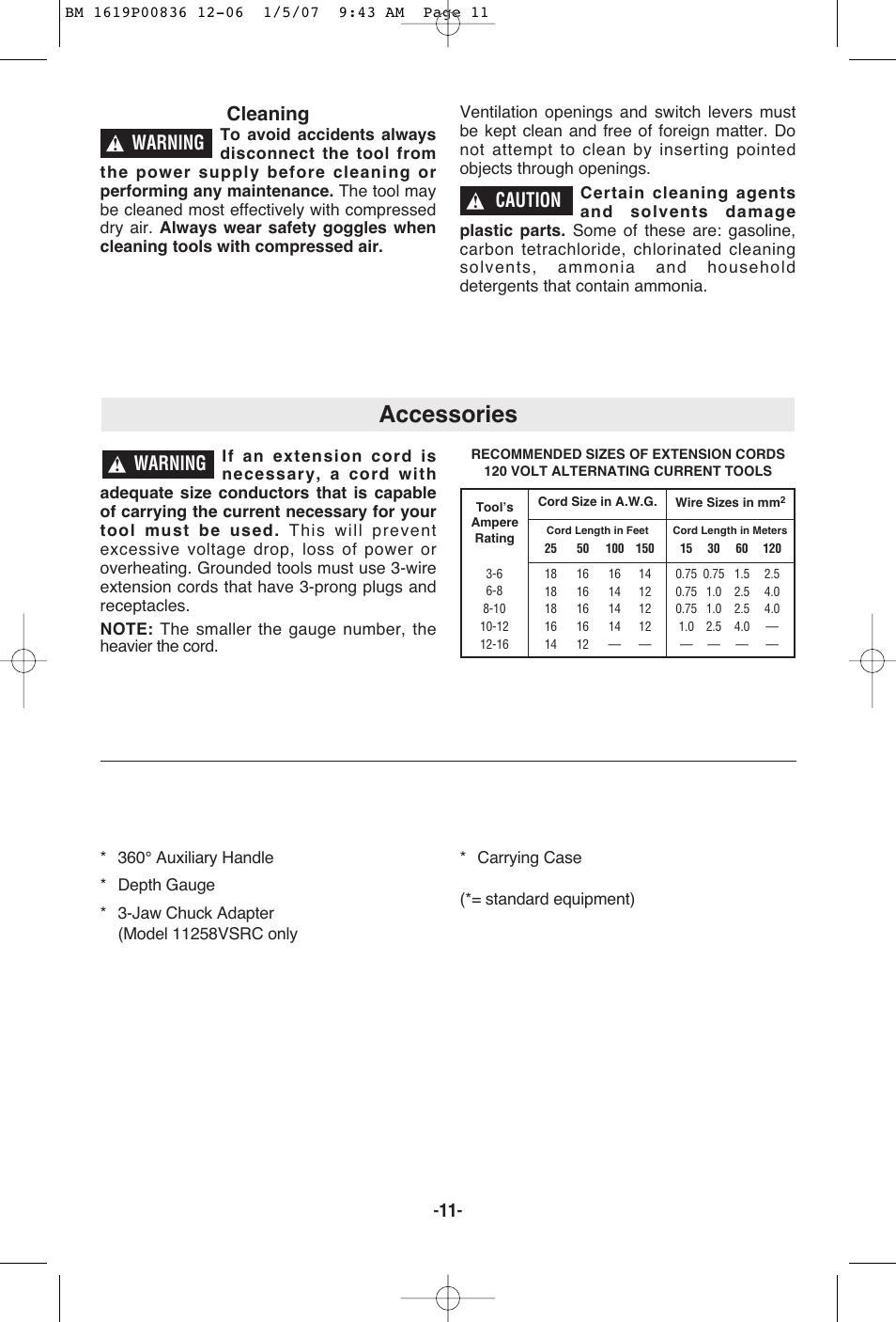 Accessories, Warning, Cleaning | Caution | Bosch 11258VSR User Manual | Page 11 / 32