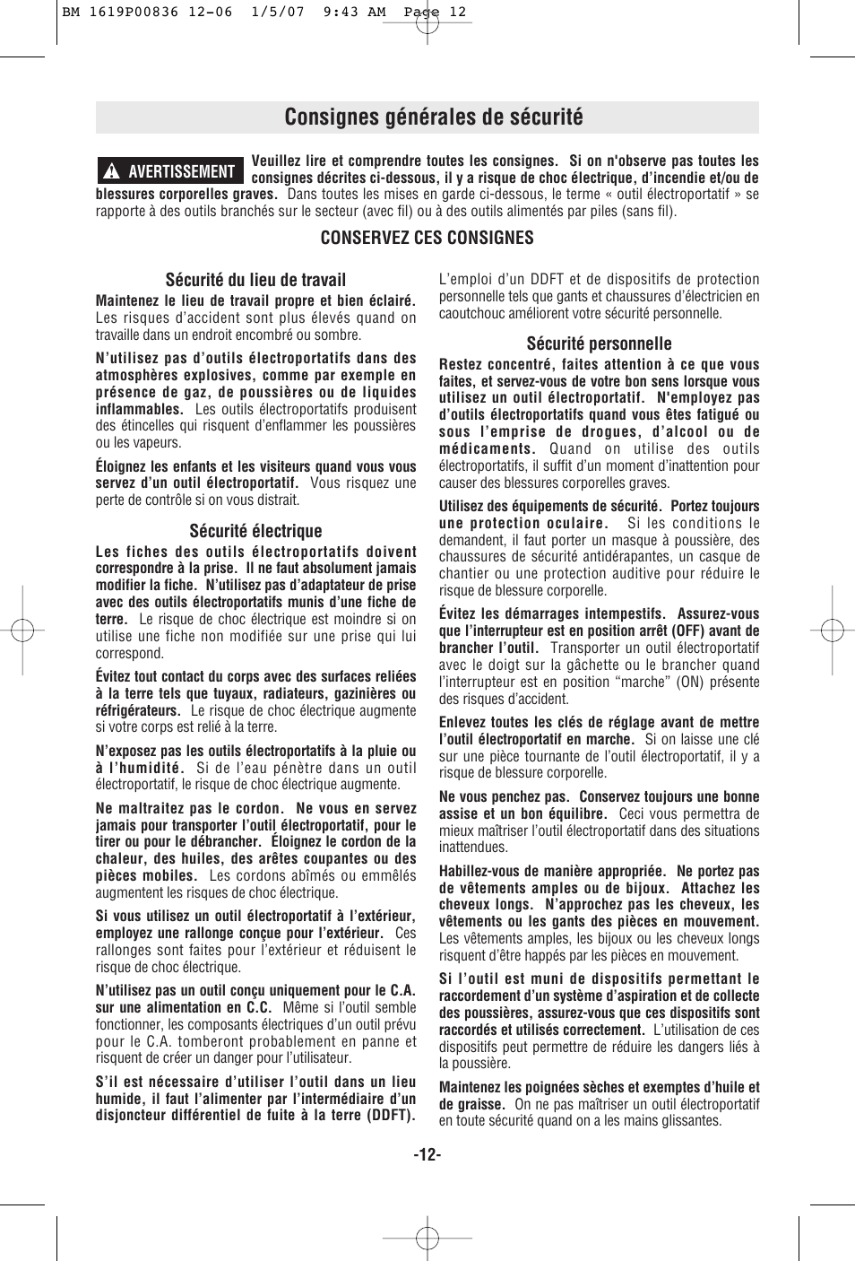 Consignes générales de sécurité | Bosch 11258VSR User Manual | Page 12 / 32