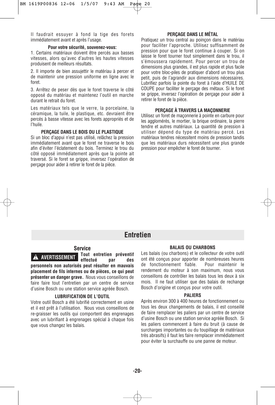 Entretien | Bosch 11258VSR User Manual | Page 20 / 32