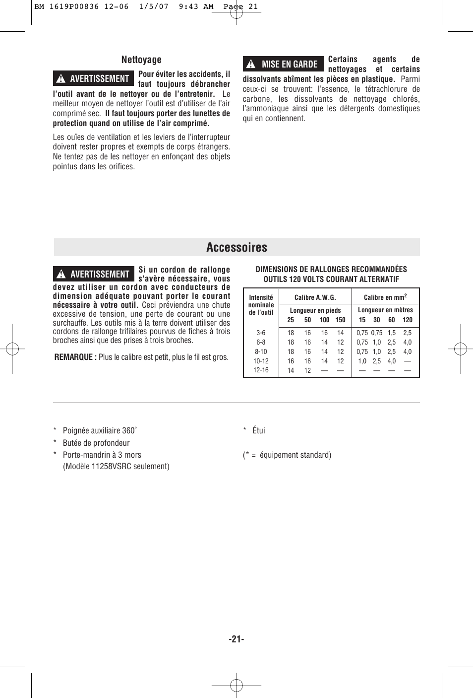Accessoires, Nettoyage, Avertissement | Avertissement ! mise en garde | Bosch 11258VSR User Manual | Page 21 / 32
