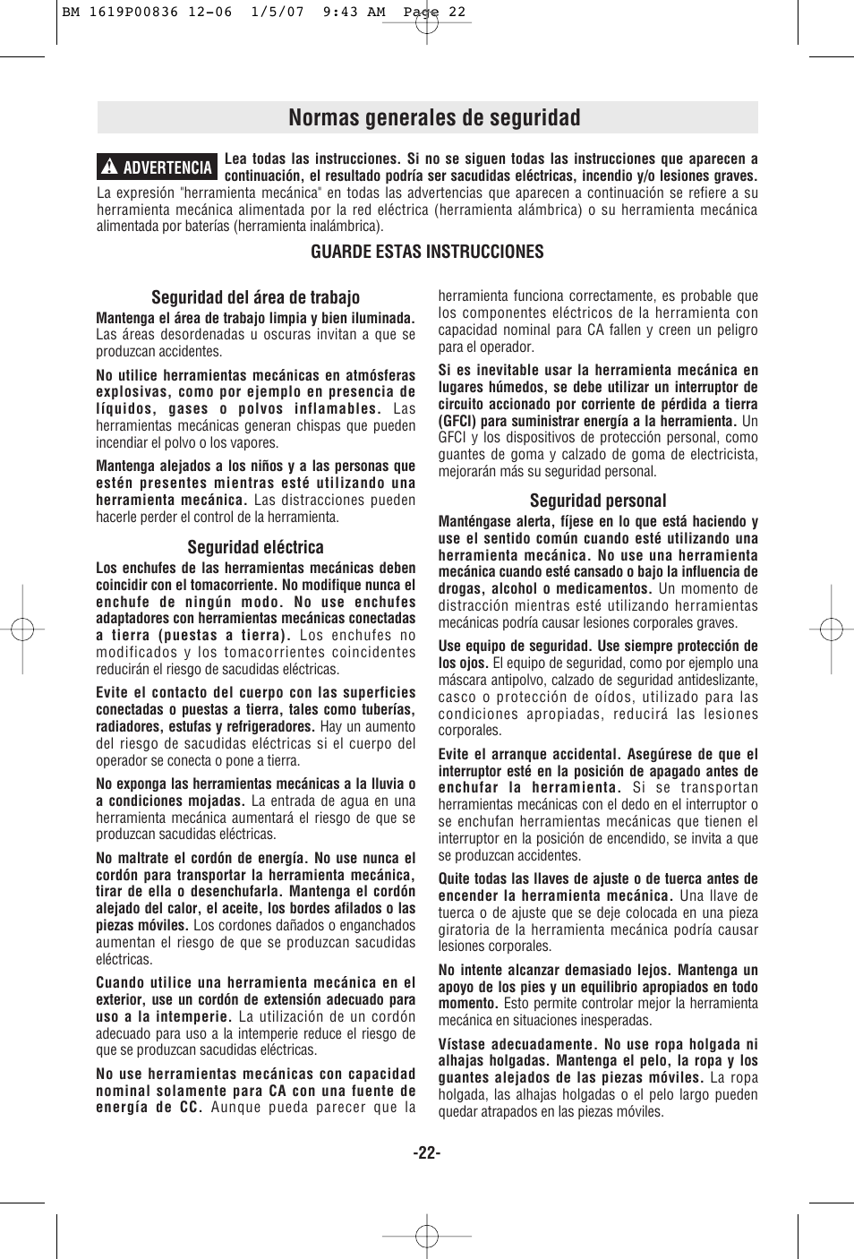 Normas generales de seguridad | Bosch 11258VSR User Manual | Page 22 / 32