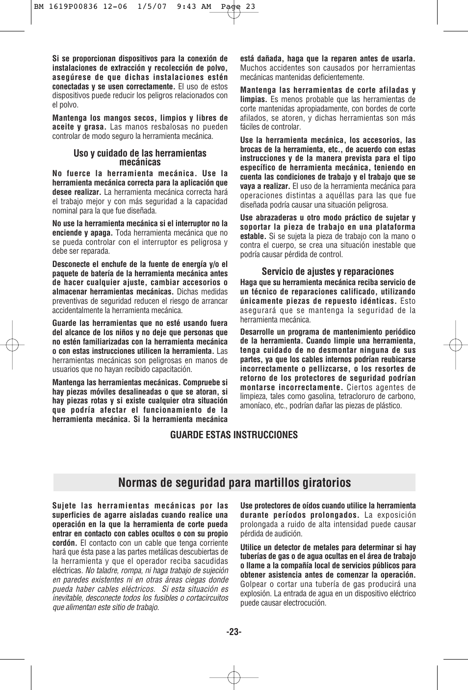 Normas de seguridad para martillos giratorios | Bosch 11258VSR User Manual | Page 23 / 32
