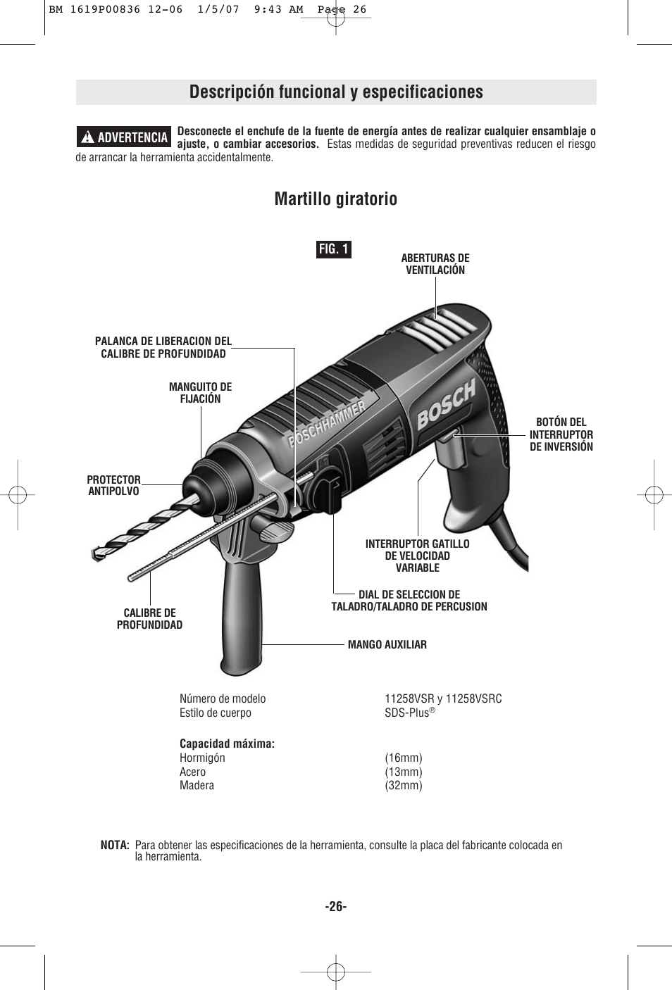 Descripción funcional y especificaciones, Martillo giratorio | Bosch 11258VSR User Manual | Page 26 / 32