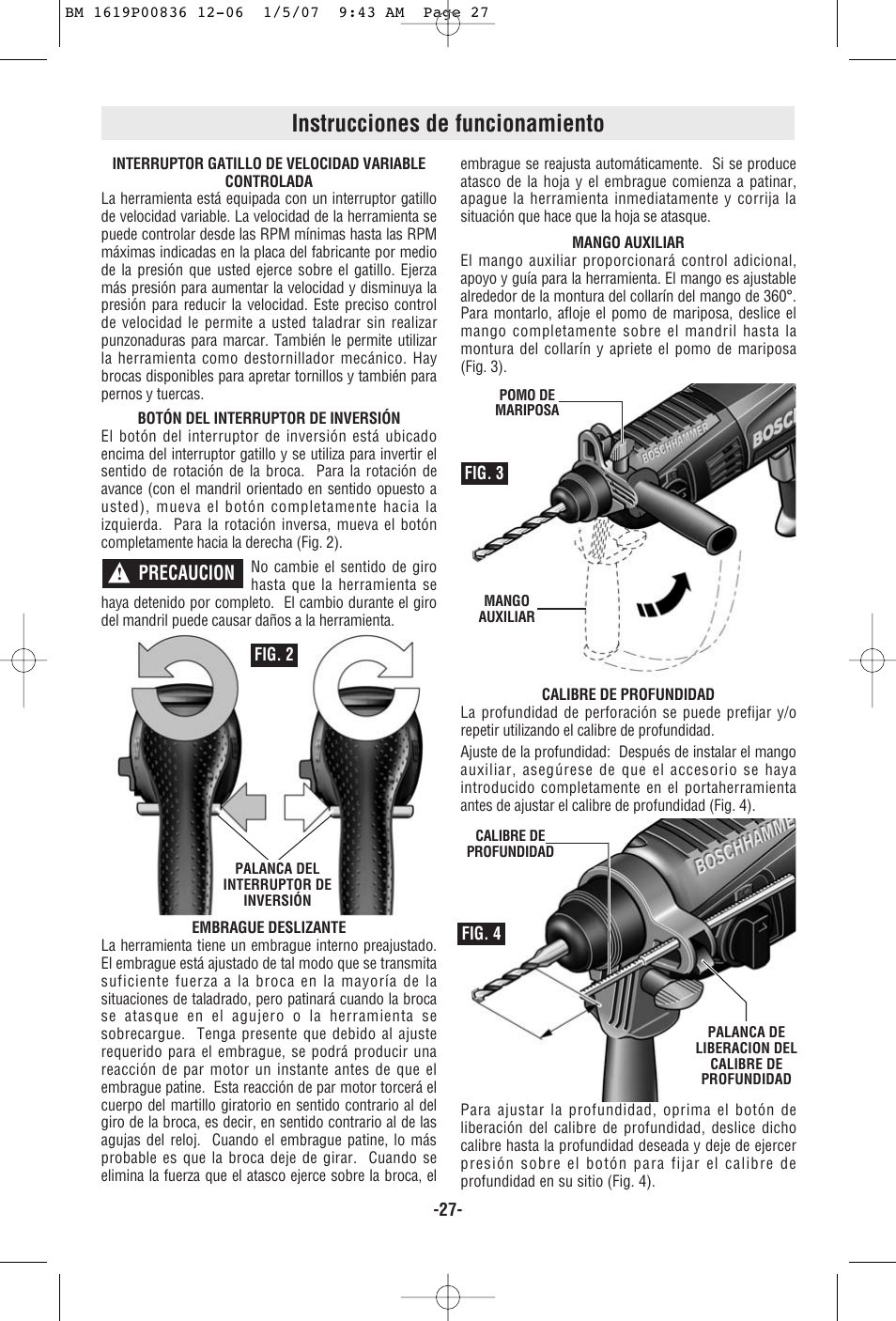 Instrucciones de funcionamiento, Precaucion | Bosch 11258VSR User Manual | Page 27 / 32