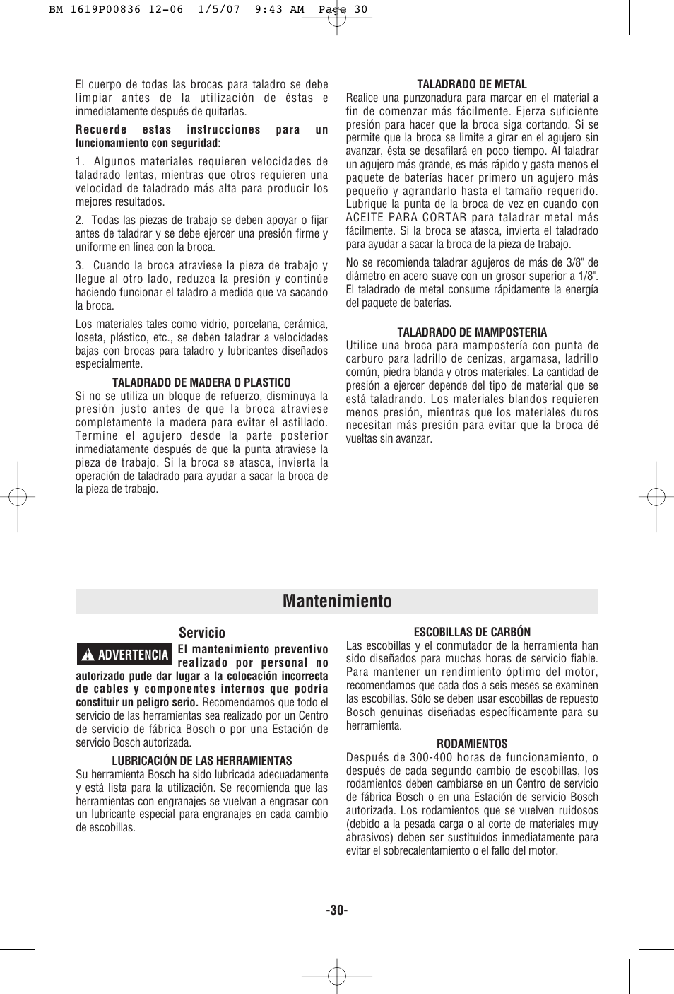 Mantenimiento | Bosch 11258VSR User Manual | Page 30 / 32