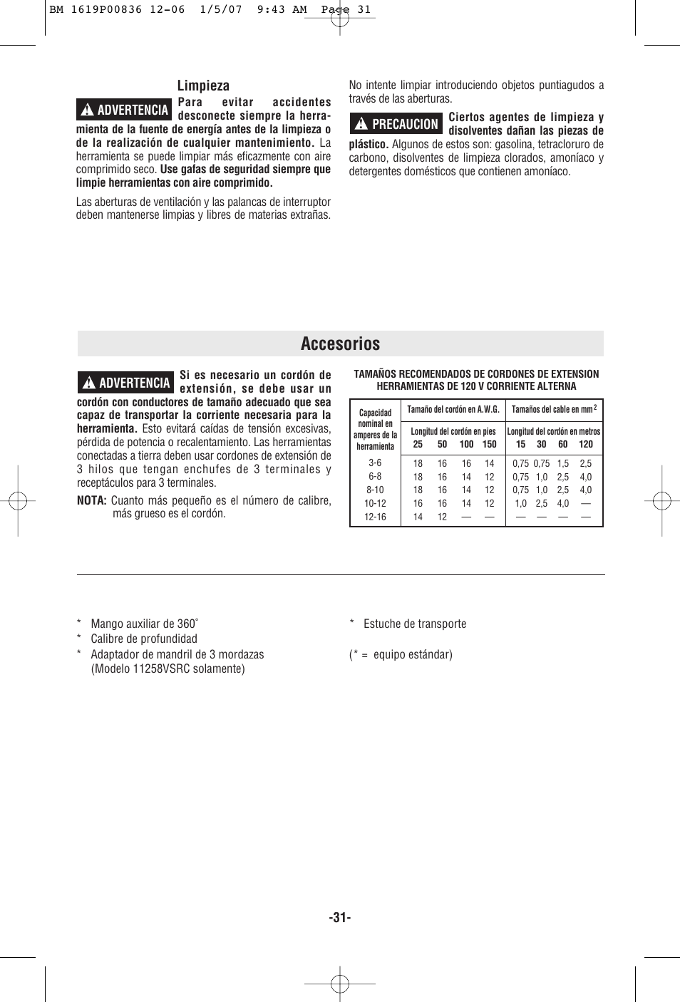 Accesorios, Limpieza, Advertencia | Advertencia ! precaucion | Bosch 11258VSR User Manual | Page 31 / 32