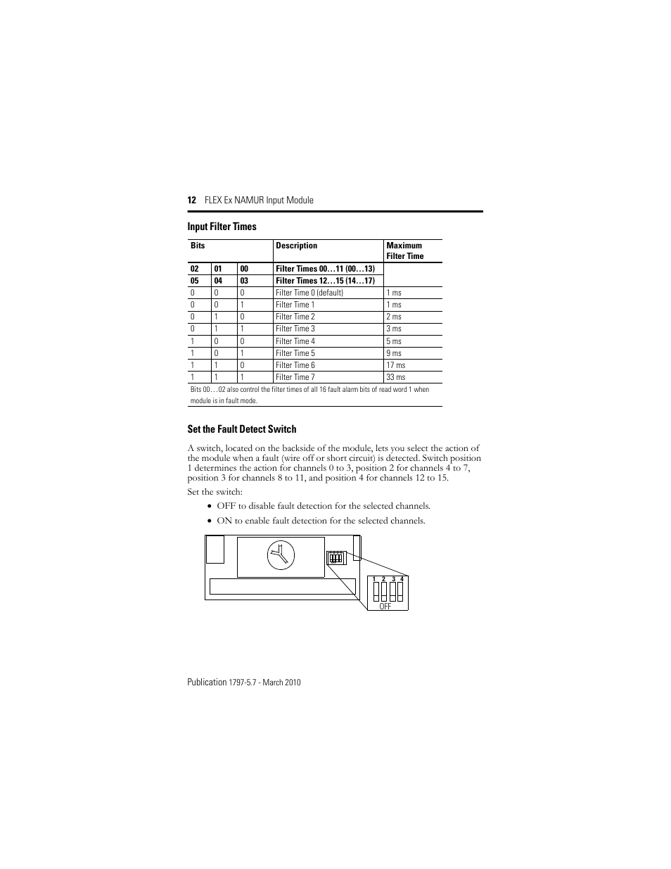 Input filter times, Set the fault detect switch | Rockwell Automation 1797-IBN16 FLEX Ex NAMUR Input Module User Manual | Page 12 / 28