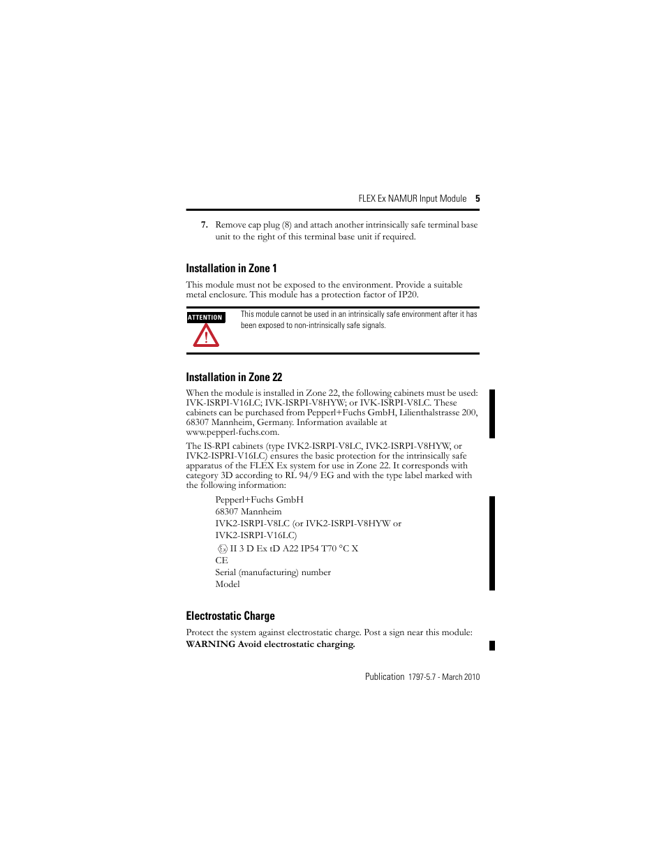 Installation in zone 1, Installation in zone 22, Electrostatic charge | Rockwell Automation 1797-IBN16 FLEX Ex NAMUR Input Module User Manual | Page 5 / 28