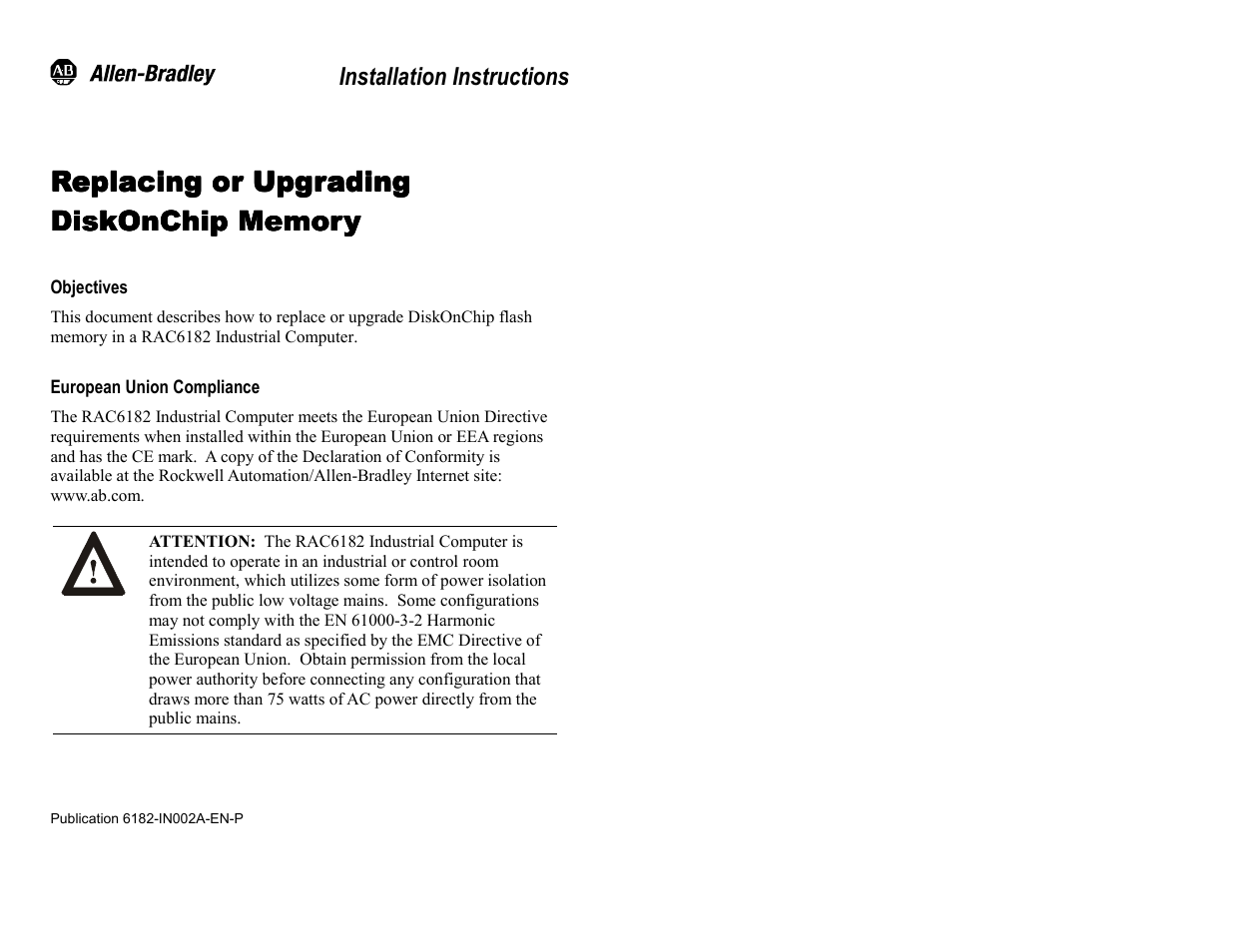 Rockwell Automation 6182 DiskOnChip Installation Instructions User Manual | 16 pages