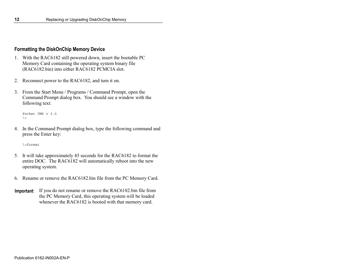 Formatting the diskonchip memory device | Rockwell Automation 6182 DiskOnChip Installation Instructions User Manual | Page 12 / 16