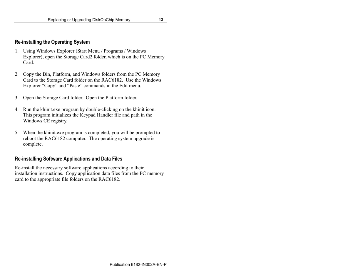 Re-installing the operating system, Re-installing software applications and data files | Rockwell Automation 6182 DiskOnChip Installation Instructions User Manual | Page 13 / 16