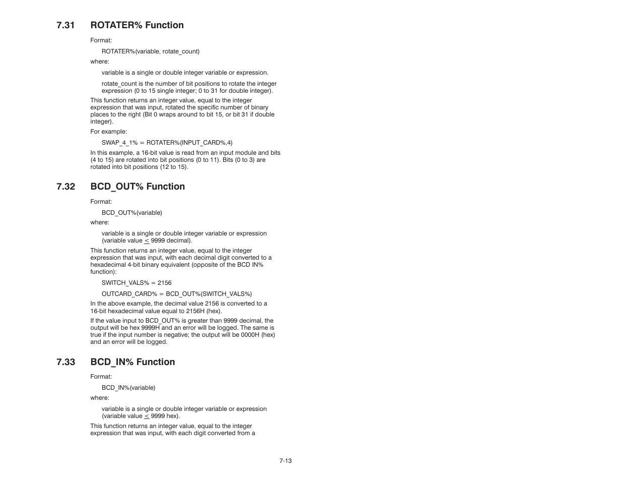 31 rotater% function, 32 bcd_out% function, 33 bcd_in% function | Rockwell Automation 57C610 Enhanced Basic Language, AutoMax User Manual | Page 101 / 146